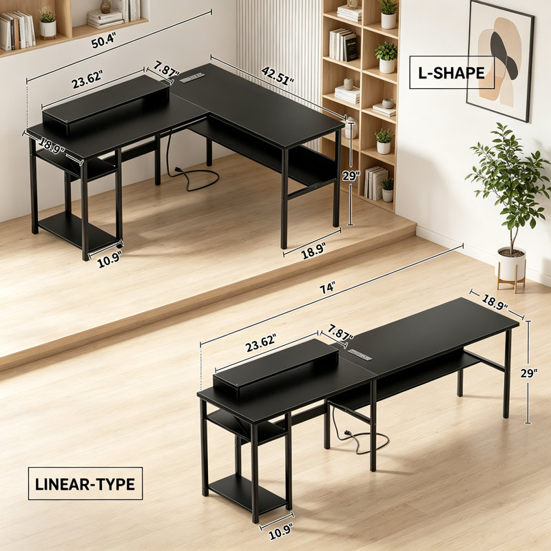 L-Shaped Metal Base Computer Desk, Black
