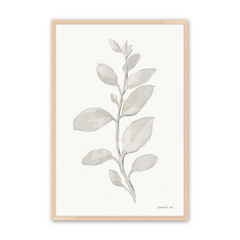 Élégant imprimé feuilles grises II, H 11 po x l 9 po, Cadre en érable brut ouvert