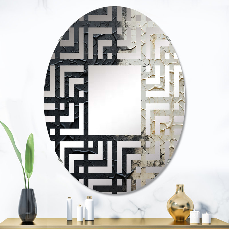 Miroir décoratif blanc et noir à motif abstrait labyrinthe | Ovale, 35,4 po x 23,6 po