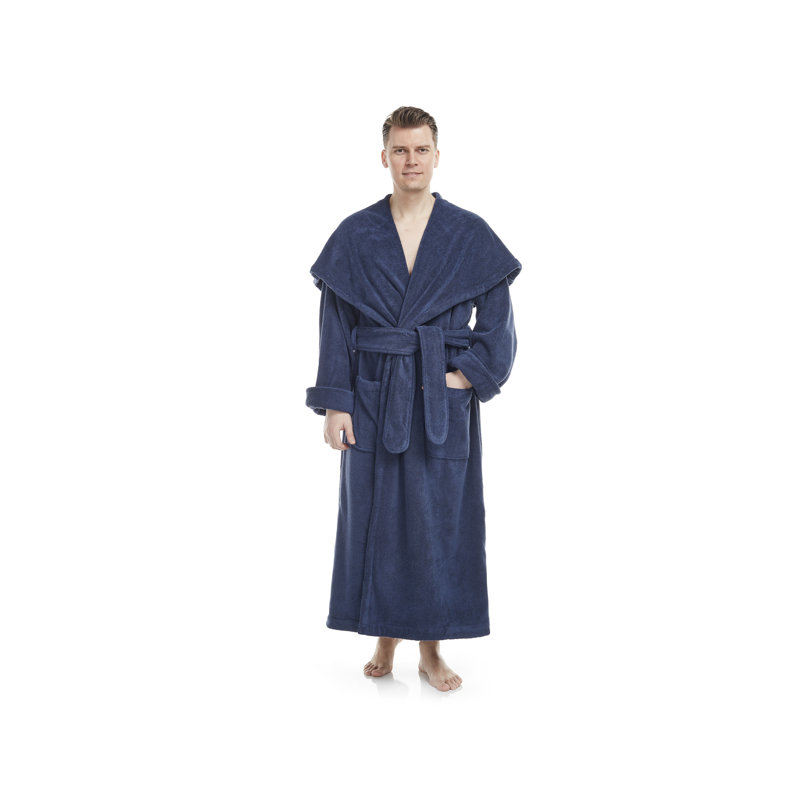 Peignoir 100% coton éponge garçon / homme + cheville avec poches et capuche, M, Bleu marine