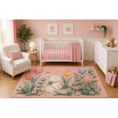 "Ultra Lightweight" 5' x 7' Floral Bunny Area Rug for Nursery Room, Watercolor Rabbit Tulips Wildflowers Botanical Garden Design for Baby Girl Bedroom, Non-Slip Silicone Backing Low Pile