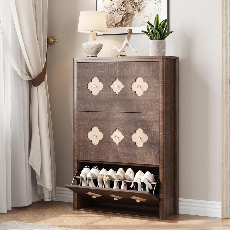 Armoire à chaussures avec tiroirs rabattables, armoire à chaussures autoportante mince, motif floral et poignées en forme de losange