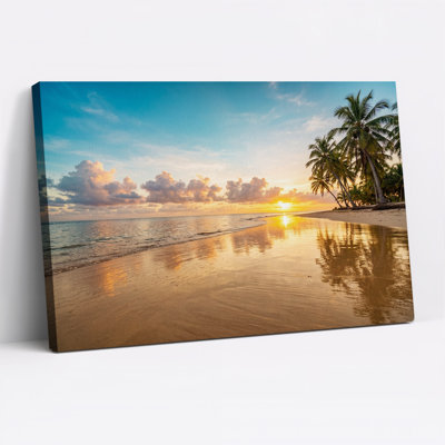 Tropical Beach Sunset with Palm Trees Canvas Wall Art