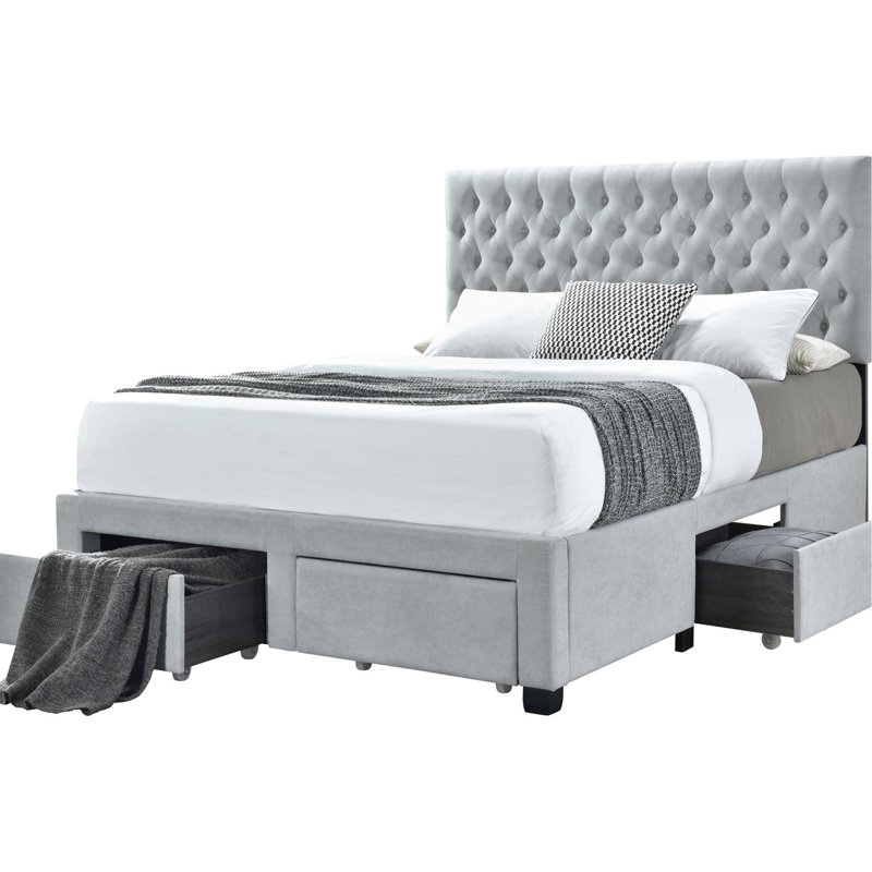 Élégant grand lit de rangement gris avec 4 tiroirs fonctionnels, structure en bois franc asiatique gris pour plus de solidité