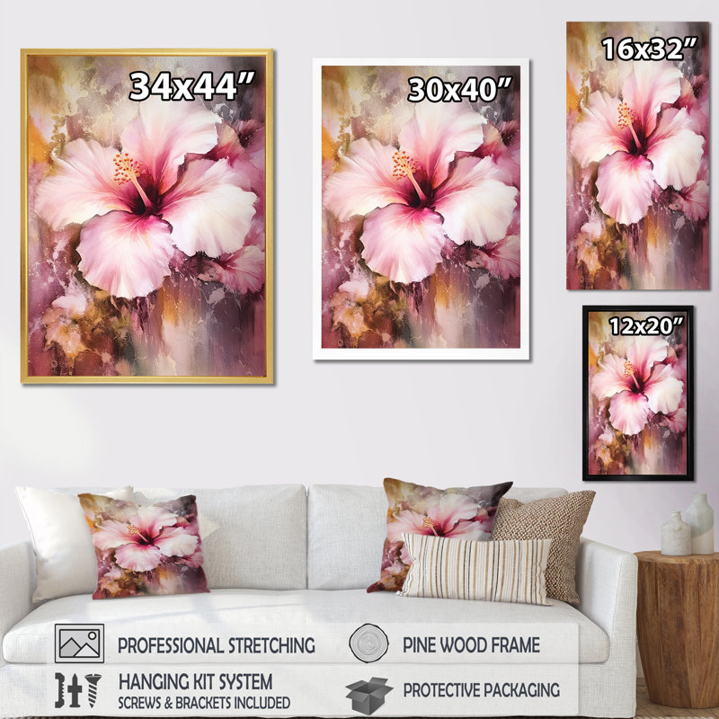 Décoration murale exotique or et rose Hibiscus I - Hibiscus, H 32 po x l 24 po x P 1 po, Cadre simple argenté