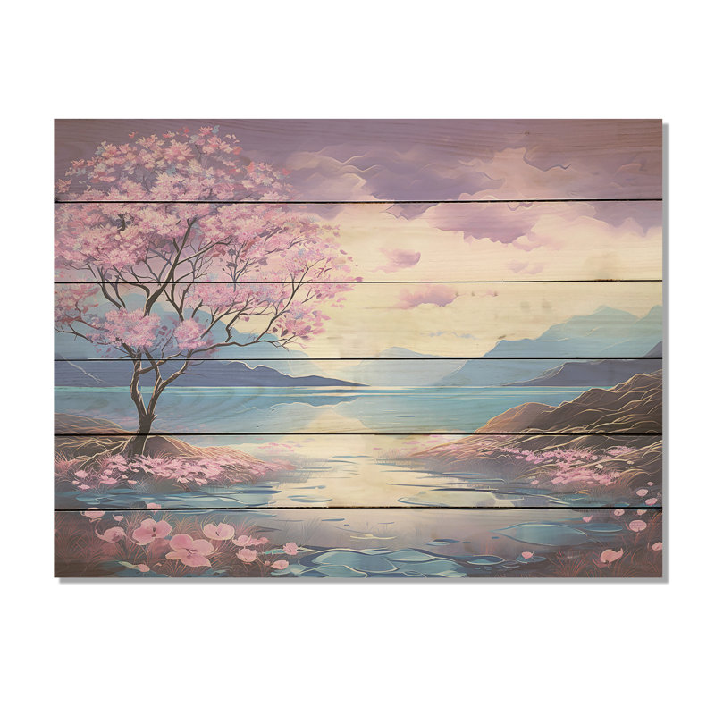 Magnifique paysage de rhododendron rose I - champ de fleurs, art mural sur bois de pin naturel, H 10 po x l 20 po