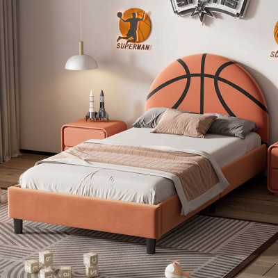 Lit plateforme tapissier Basketball Design pour enfants, orange