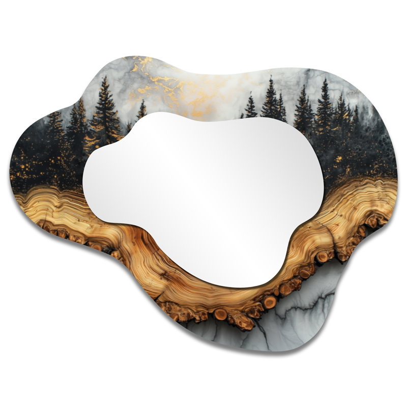 Miroir mural doré doré - Paysage de forêt d'hiver avec rivière cristal II, imprimé sur métal, 27" x 35"