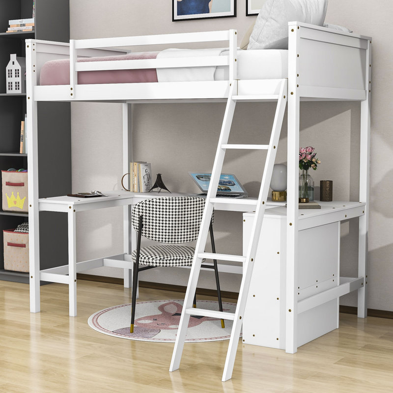 Wood Loft Bed with Desk and Shelves, White, Twin