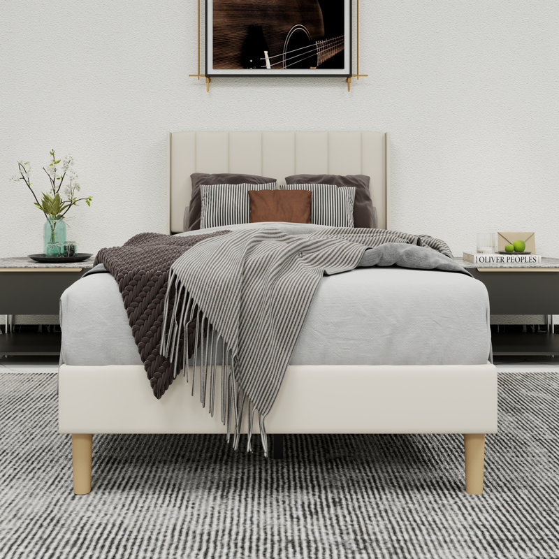 Lit plateforme tapissier avec tête de lit, Beige, Simple