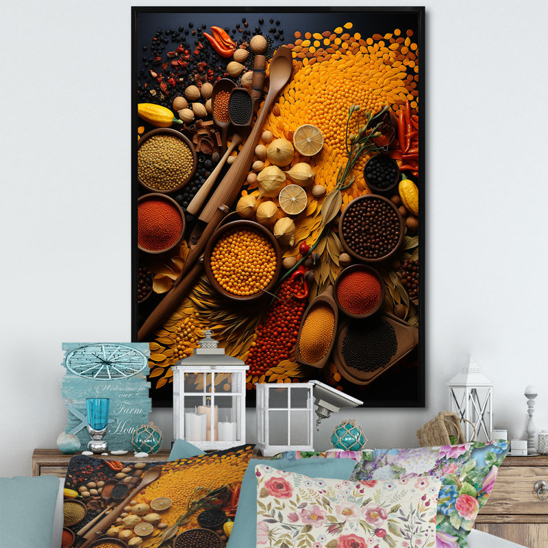 Oriental Spices Food V - Épices, art mural, H 20 po x l 12 po x P 1 po, Cadre flottant noir