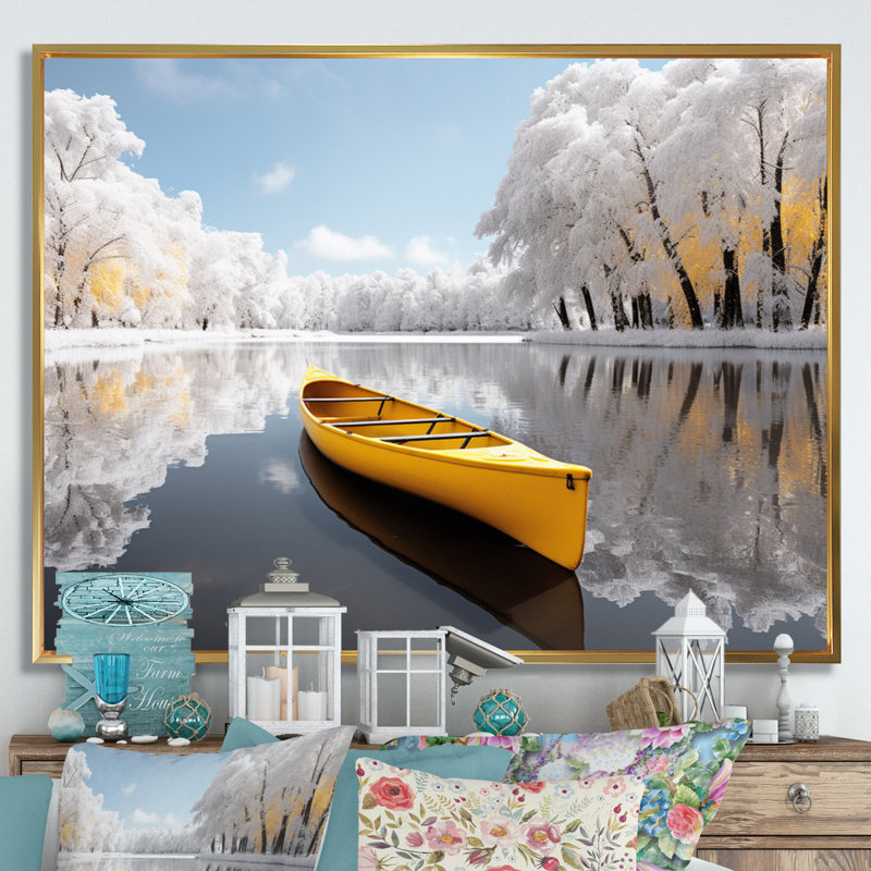 Jaune et gris Winter Lake II, reproduction d'art sur toile, H 12 po x l 20 po, Cadre flottant doré