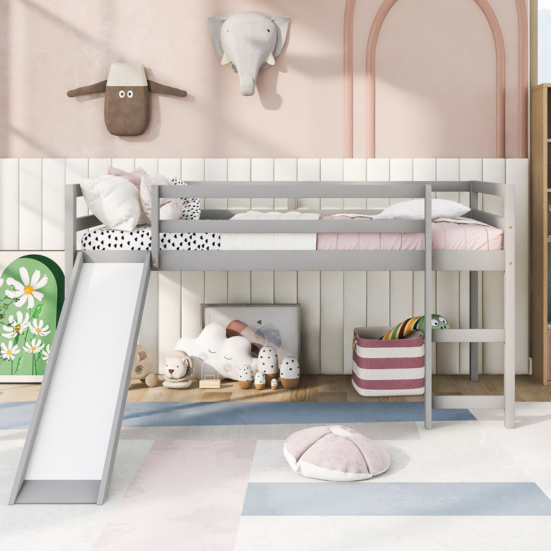 Lit mezzanine avec glissade, conception multifonctionnelle, Lit simple, Gris
