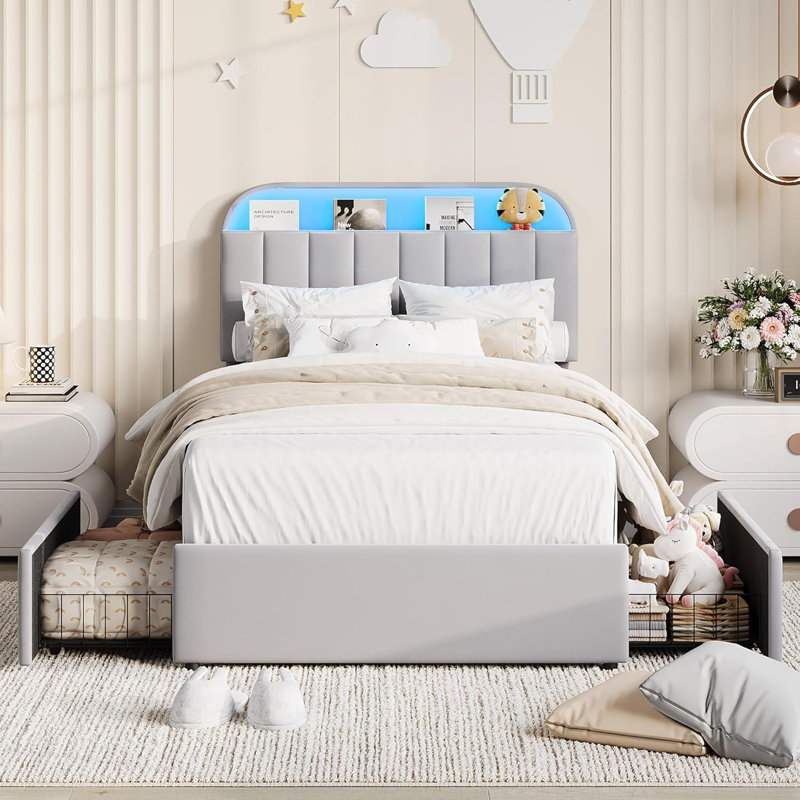 Twin Velvet Bed Frame with LED Headboard & 2 Drawers, Grey, Gray, Twin