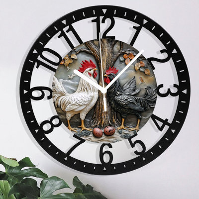 Metal Wall Clock for Living Room -10" Roosters By Tree Eggs Silent Non Ticking,Battery Operated, Antique Clocks for Farmhouse,Bedroom,Kitchen - Arabic Numerals