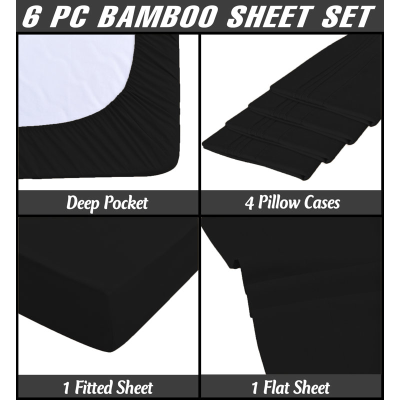 Premium Rayon From Bamboo 6 Pc Sheet Set With Deep Pockets, Cooling, Twin XL Sheet Set with 2 Pillowcases, Black