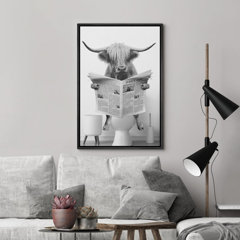 Impression sur toile encadrée, animaux, drôle, salle de bain, vache Highland, Impression encadrée, H 24 po x l 16 po, Noir
