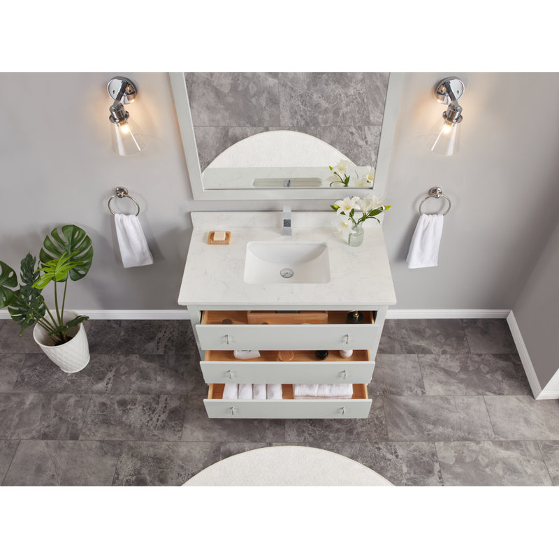 42" Solid Wood Bathroom Vanity with 1" Engineered Marble Top, Single Sink, White