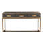 Console table in dark gray embossed shagreen leather with three drawers and gold-tone brass hardware and frame.