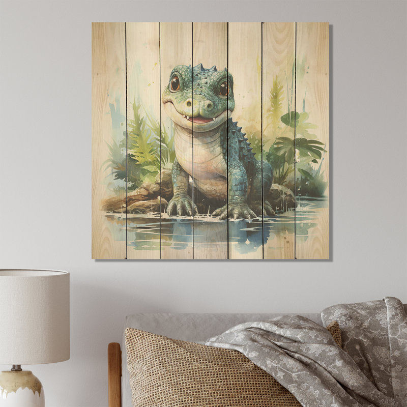 Green Crocodile Pond Adventures I - Alligator / crocodile sur bois, H 30 po x l 30 po