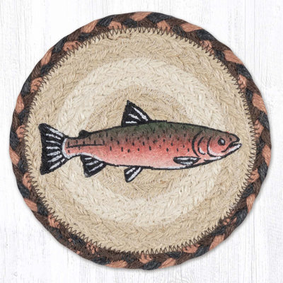 Coastal Pink Salmon Coaster 7" H Round Jute Drink Mat with Hand-Stenciled Design