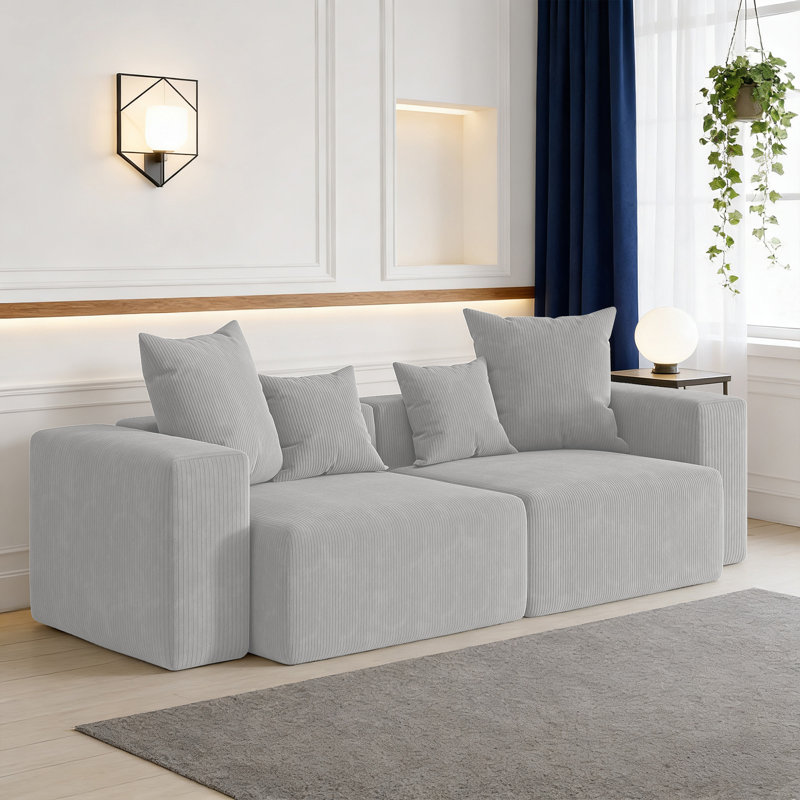 2-Piece Upholstered Corduroy Modular Sectional Sofa  – Fully Compressed, No Assembly Required, Light Grey