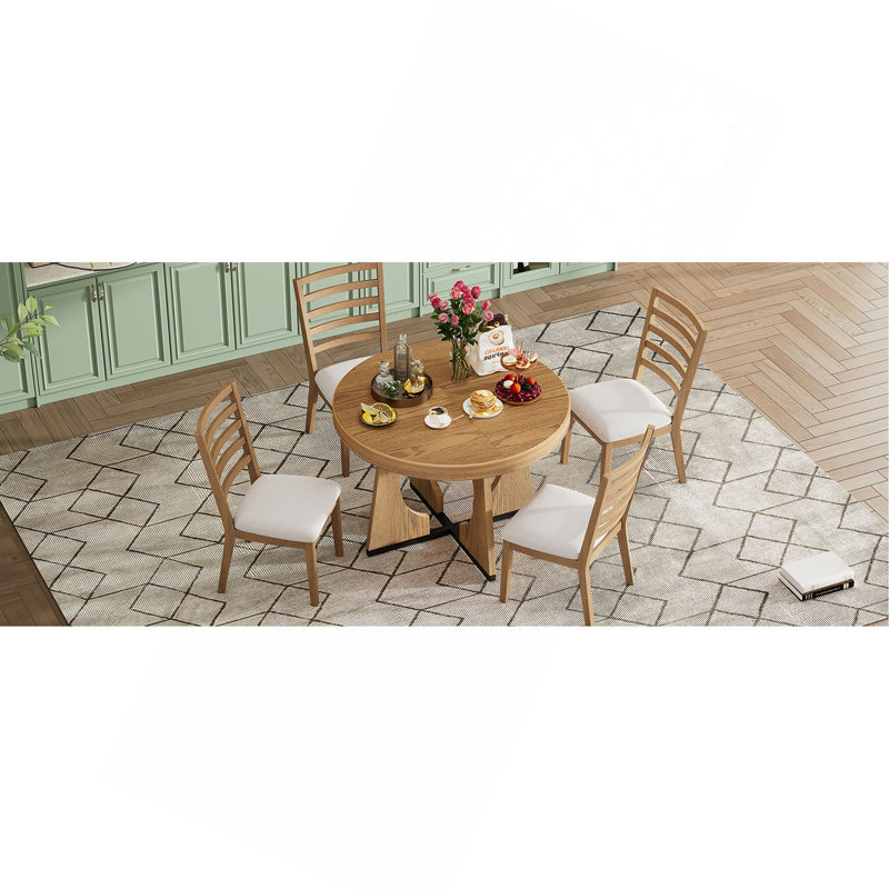 TREXM Round Dining Table for 4 with Chairs Set, Extendable Dining Table Set with 16" Removable Middle Leaf, 5 Piece Retro Dining Table Set Unique Geometric Design for Kitchen, Dining Room