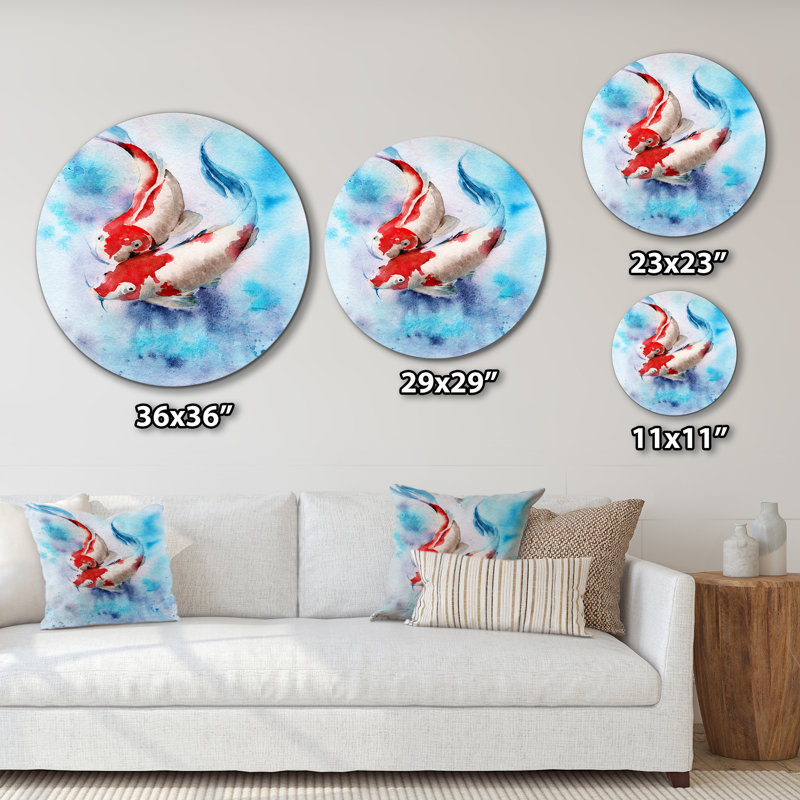 Deux poissons Koi. Taches rouges dans une eau bleue transparente - peinture sans cadre sur métal