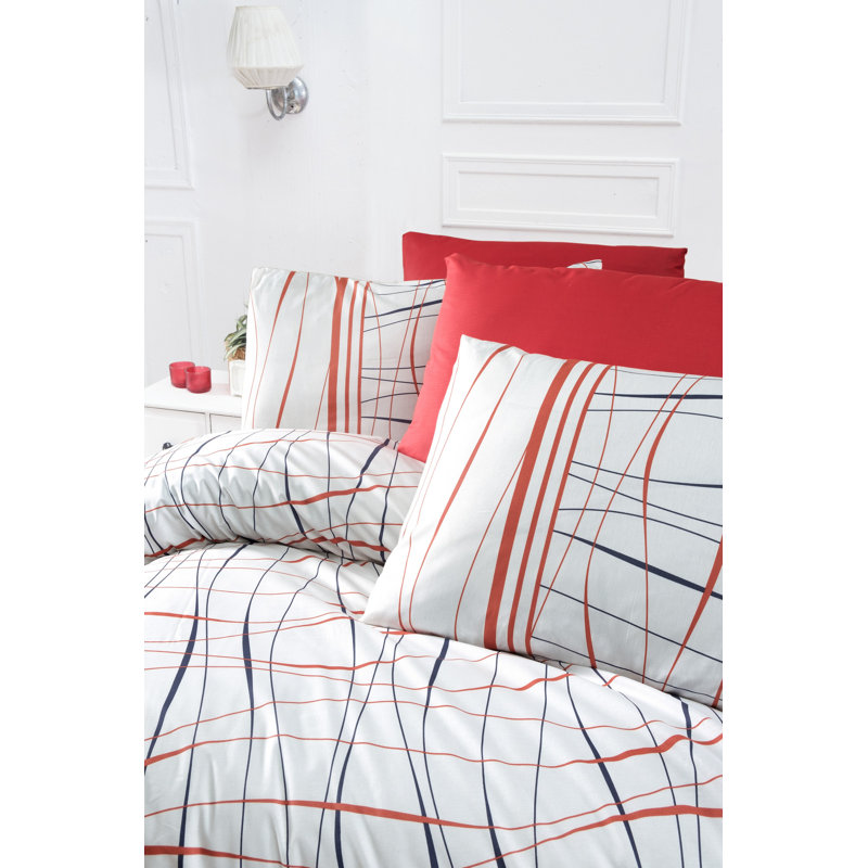 Ensemble de housse de couette double 100% coton Ranforce, blanc / rouge / bleu foncé | Housse de couette 78,7 po x 86,6 po, drap plat 86,6 po x 94,5 po, 2 taies d'oreiller 19,7 po x 27,6 po | 142 fils, fermeture à boutons, lavable à la machine