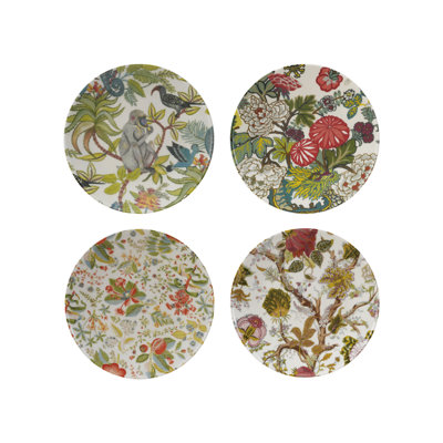 4-Piece Round Printed Stoneware Botanical Plate Set