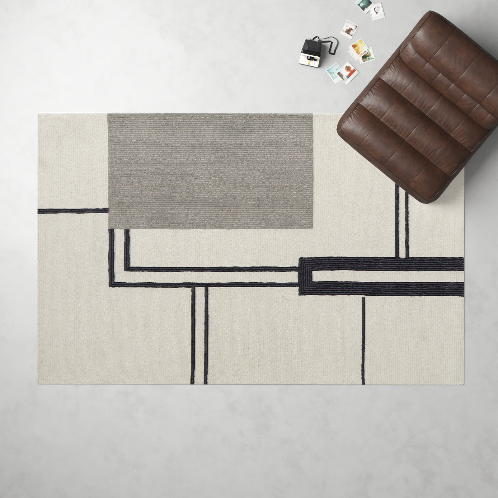 Nobu Ivory Black Hand-Tufted Abstract Rug, Rectangle 5' x 8'