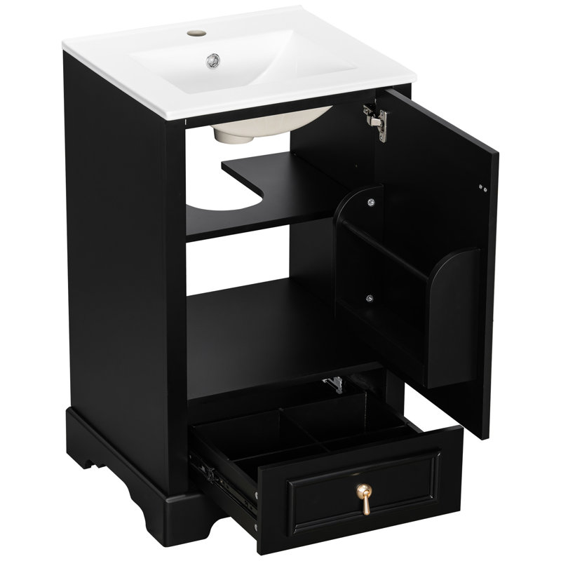 Meuble-lavabo moderne de 20 pouces avec lavabo en céramique, fonction de fermeture en douceur, tablette réglable en forme de U, tiroir à compartiments et construction en bois massif compacte