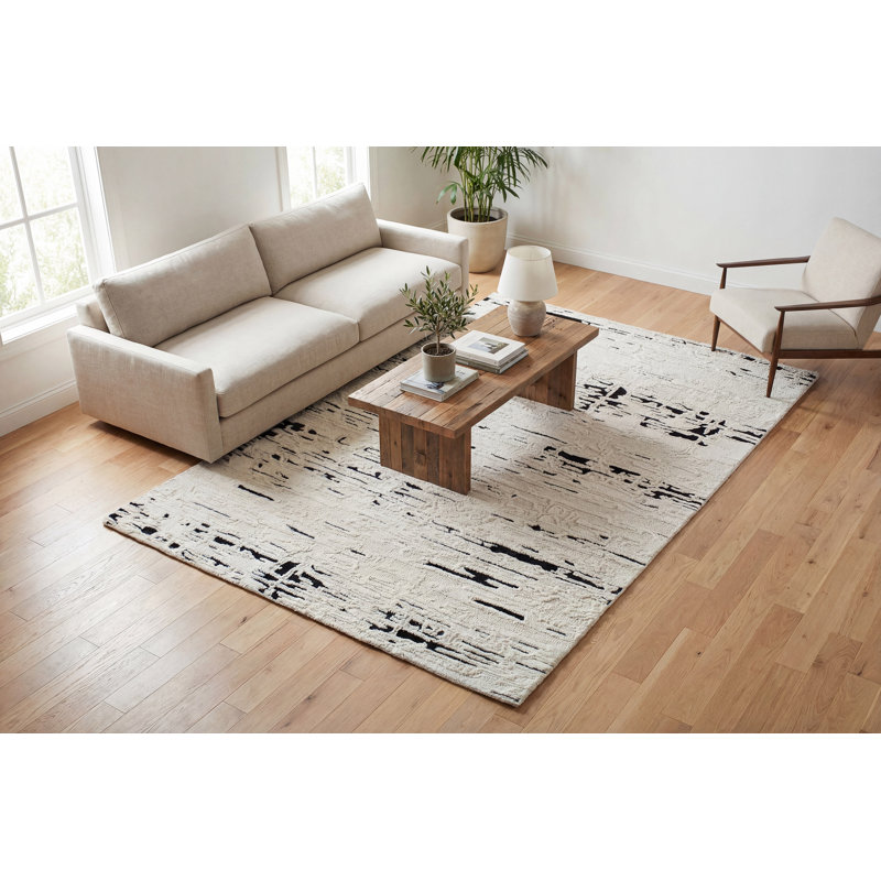 Tapis abstrait noir / blanc en laine tissé à la main, Rectangle 9 pi x 12 pi