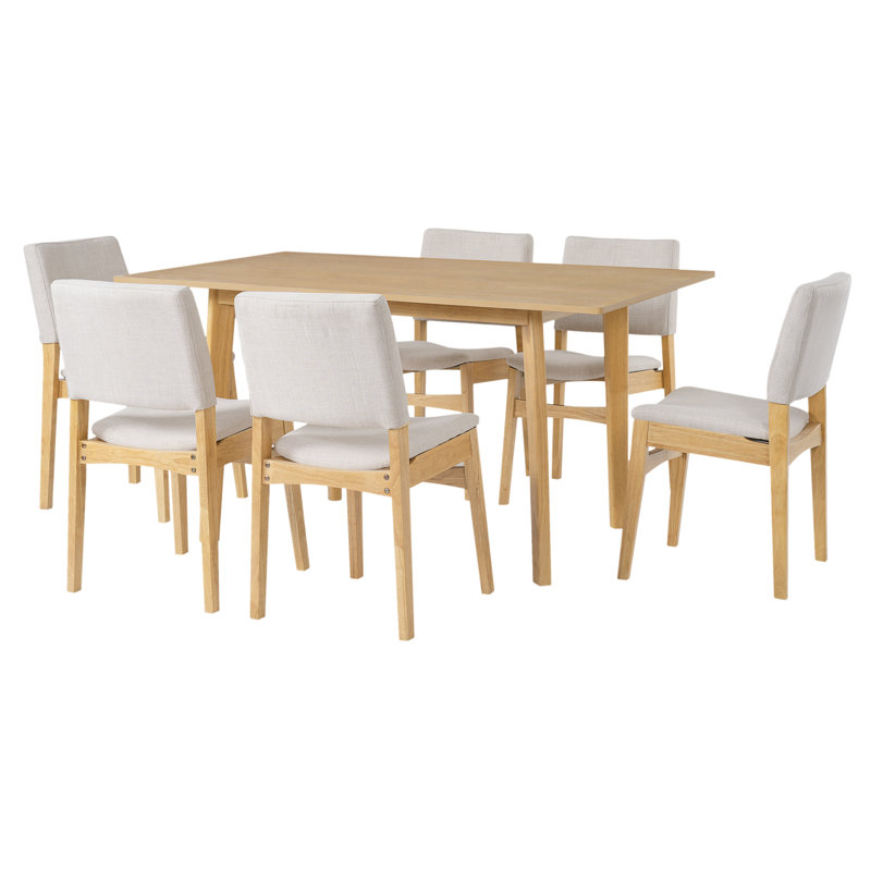7-Piece Solid Wood Dining Table Set with Stackable Upholstered Chairs for Kitchen & Dining Room, Oak