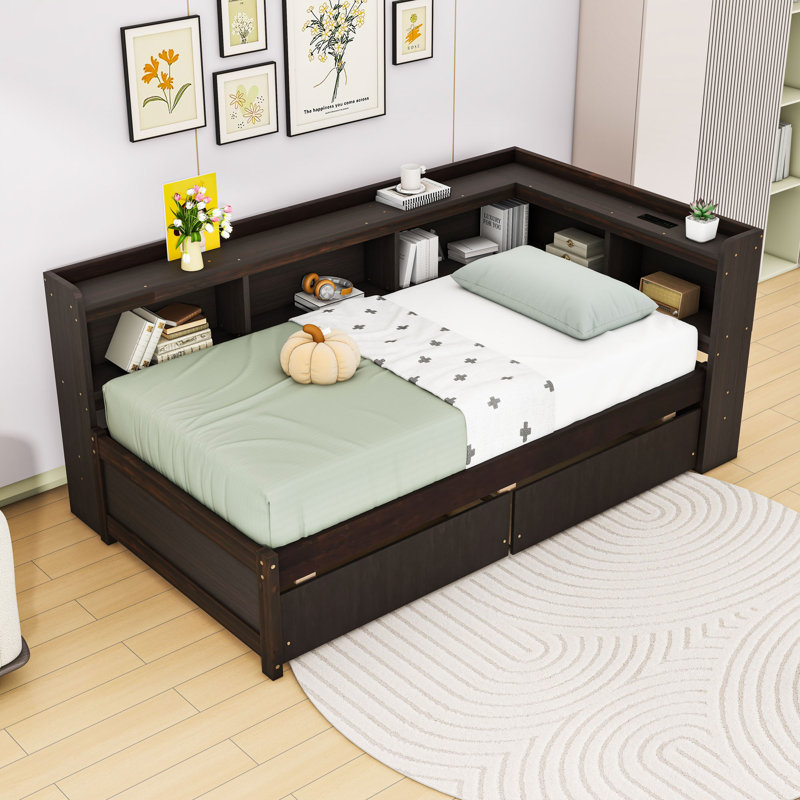 Lit plateforme en L avec deux tiroirs, tablettes et ports USB, Simple, Espresso