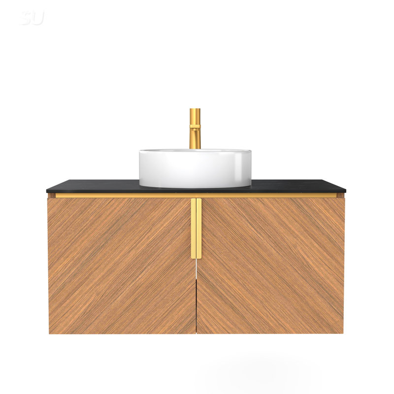 Meuble-lavabo mural avec lavabo, plateau en pierre frittée, lavabo en céramique blanche, armoire à grain de bois pour salle de bain moderne