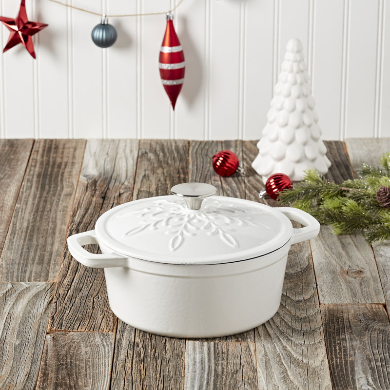 White Enameled Cast Iron 3-Quart Dutch Oven with Snowflake Lid