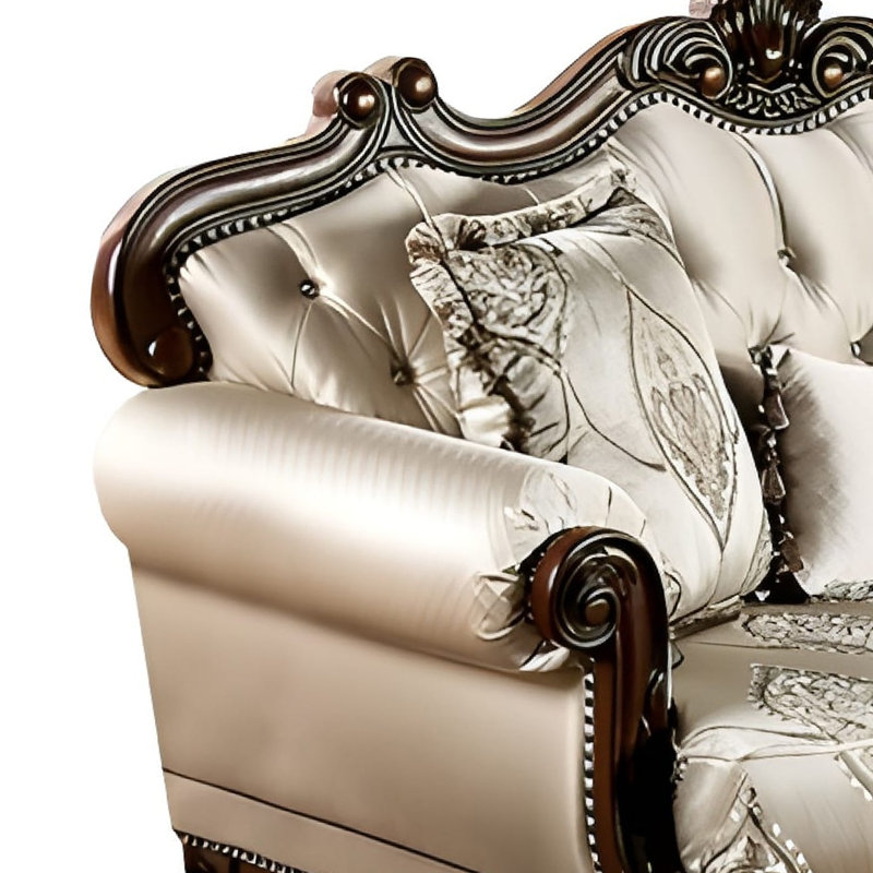 Vera Loveseat, Tufted Beige, Rolled Arms, Cherry Brown Solid Wood, 70 Inch