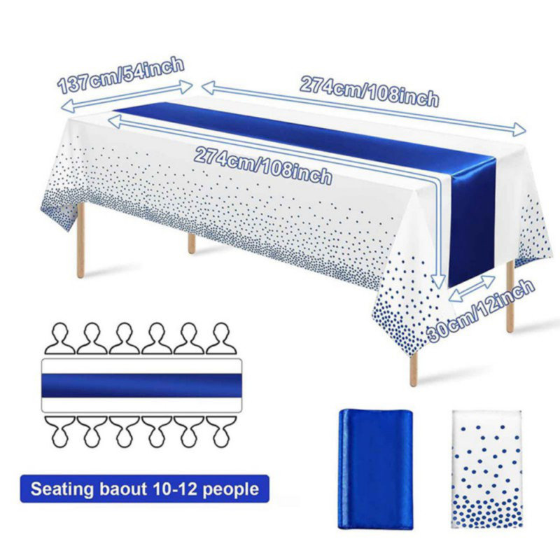 Nappe jetable en plastique et chemin de table en satin à motif de nappe en satin, Blanc / Bleu marine