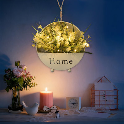  Faux fleurs artificielles fleurs en soie artificielle décoration murale avec lumières DEL pot de fleurs suspendu en métal avec signe de la maison Art mural pour salle de bain chambre à coucher salon cuisine