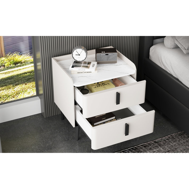 Table de chevet avec 2 tiroirs, table à motif en marbre blanc, garde-corps surélevé pour chambre à coucher et agencement de salon