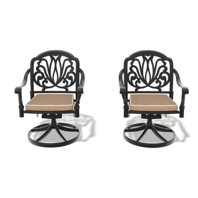 2Pcs Cast Aluminum Swivel Chairs For Patio With Black Frame And Cushions. Weather Resistance, Ergonomic Design Comfort. Easy Assembly Finish, Comfortable Back Support. Simple Required