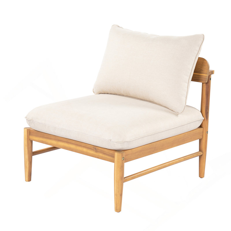 Canapé d'extérieur en bois d'acacia sans accoudoirs, finition teck clair avec coussin beige