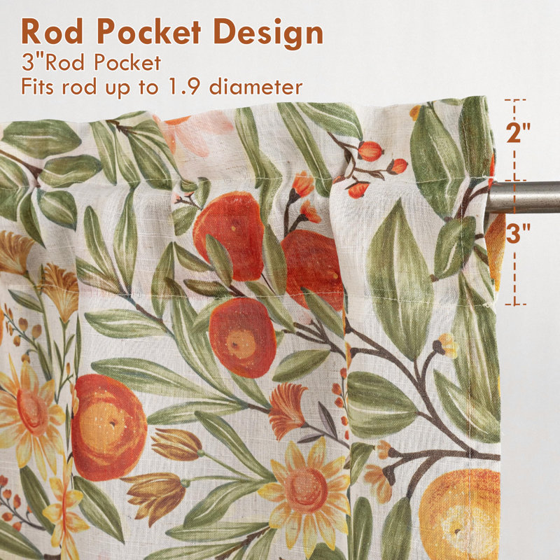 Orange Harvest Linen Valances for Windows Light Filtering Floral Kitchen Valance Autumn Fall Printed Vintage Privacy Topper