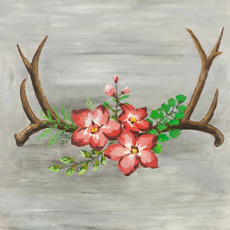 Cornes de cerf et toile rose | Décoration de chambre animal, H 25,25 po x l 25,25 po