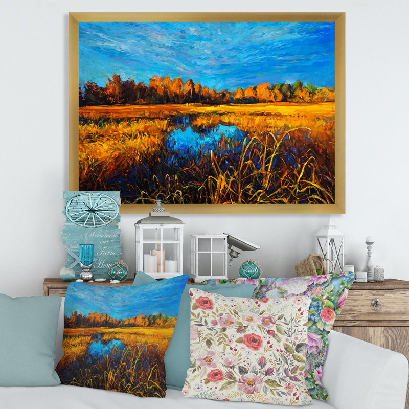 Orange Meadows sous un ciel bleu clair - peinture sur toile, H 24 po x l 32 po x P 1 po, Cadre doré