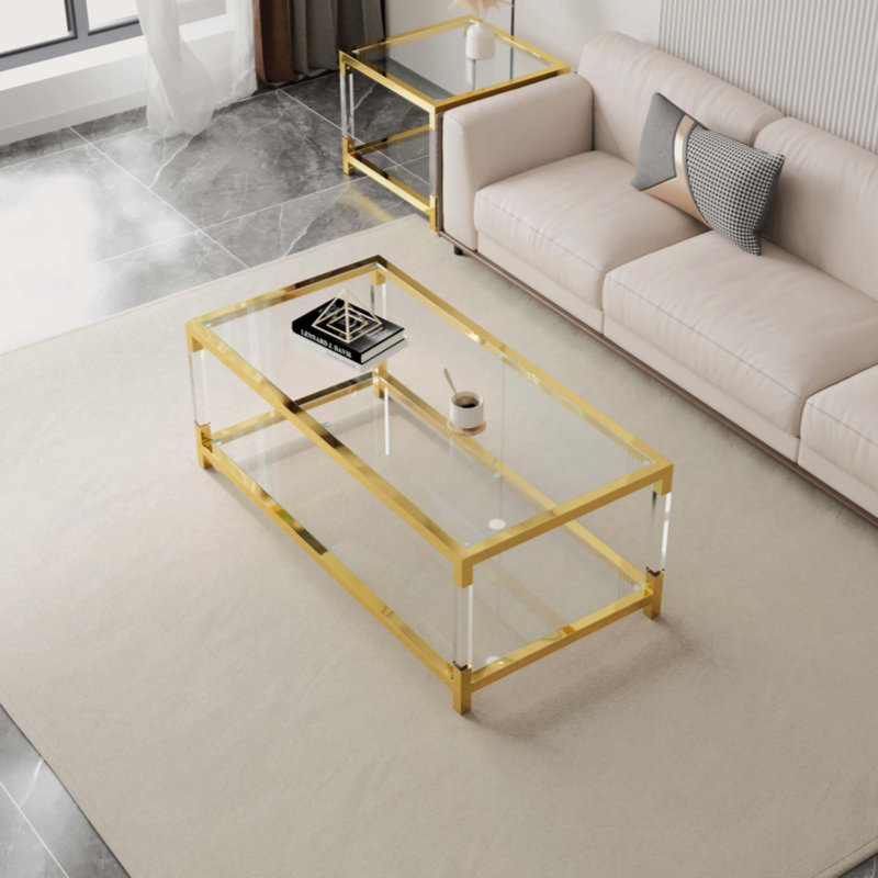 Modern Gold Glass Coffee Table with Acrylic Legs and Storage