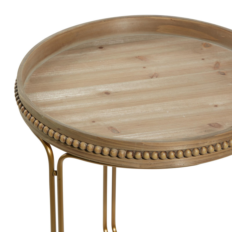 Ensemble de tables d'appoint en bois rondes et perlées avec support en métal doré