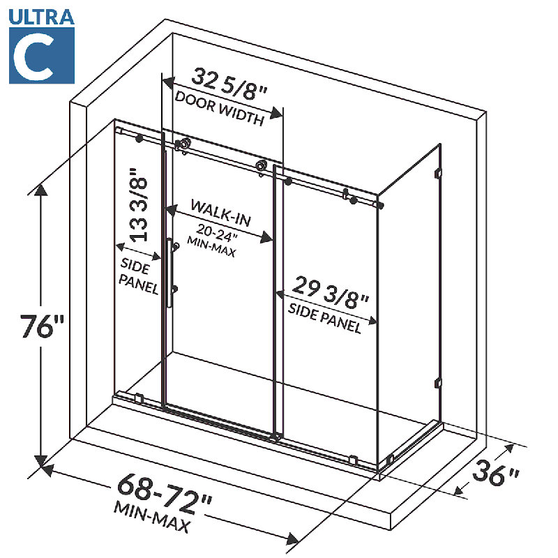 Porte de douche coulissante simple 72" x 76" Ultra-C, Nickel brossé