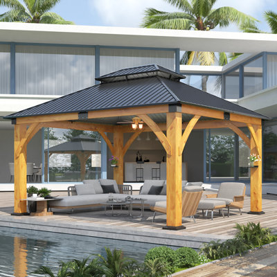 Outdoor Spruce Wood Gazebo with Galvanized Steel Double Roof